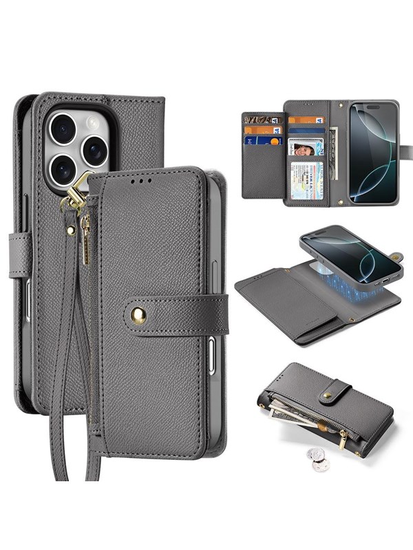 Dux Ducis Lava Leather Case for iPhone 16 Pro with Detachable Magnetic Wallet - Gray