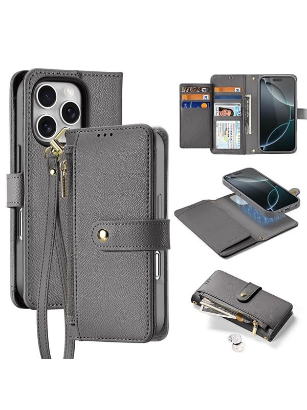 Dux Ducis Lava Leather Case for iPhone 16 Pro Max with Detachable Magnetic Wallet - Grey
