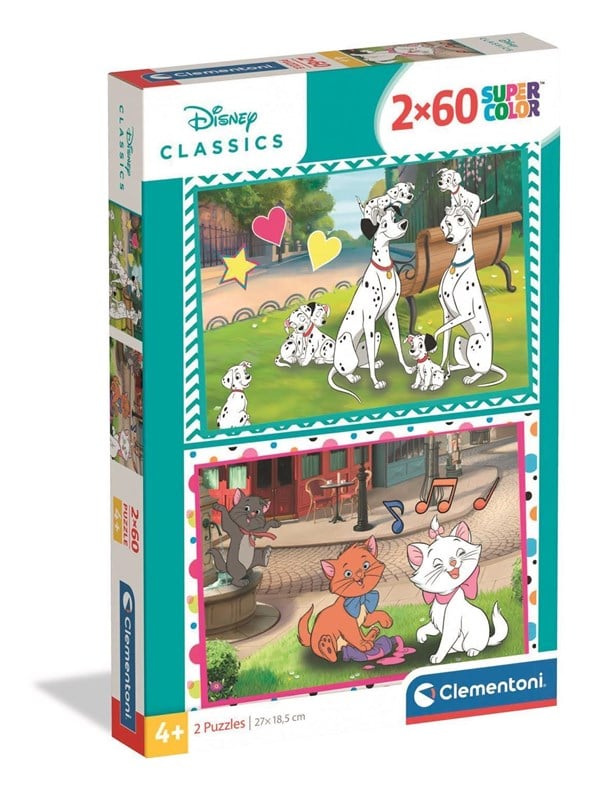 Clementoni - 101 Dalmatinere + Aristocats - 2x60 Brikker - Disney