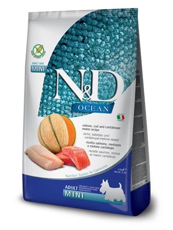 Hundefoder tørfoder - Farmina N&D Ocean Adult Mini, laks, torsk og cantaloupemelon, 2,5 kg