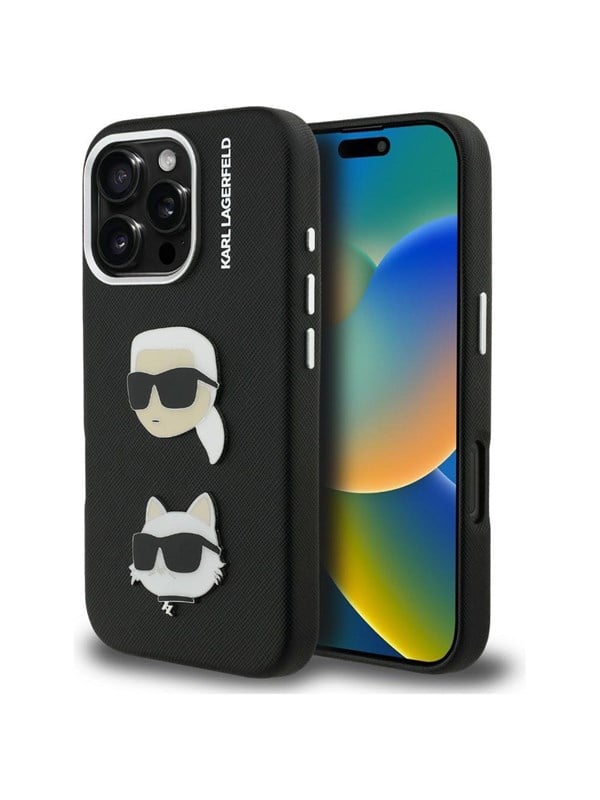 Karl Lagerfeld FW Grained Karl & Choupette Heads Pins Case for iPhone 16 Pro Max - Black