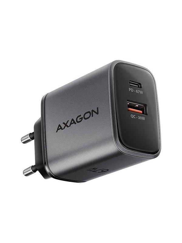 AXAGON - Strømforsyningsadapter - 67 watt - 5 A - Fast Charge, SCP, PD 2.0, PD 3.0, QC 2.0, QC 3.0, QC 4.0+, AFC, FC, FC 2.0 - 2 output-stikforbindelser (USB Type A, USB-C) - grå