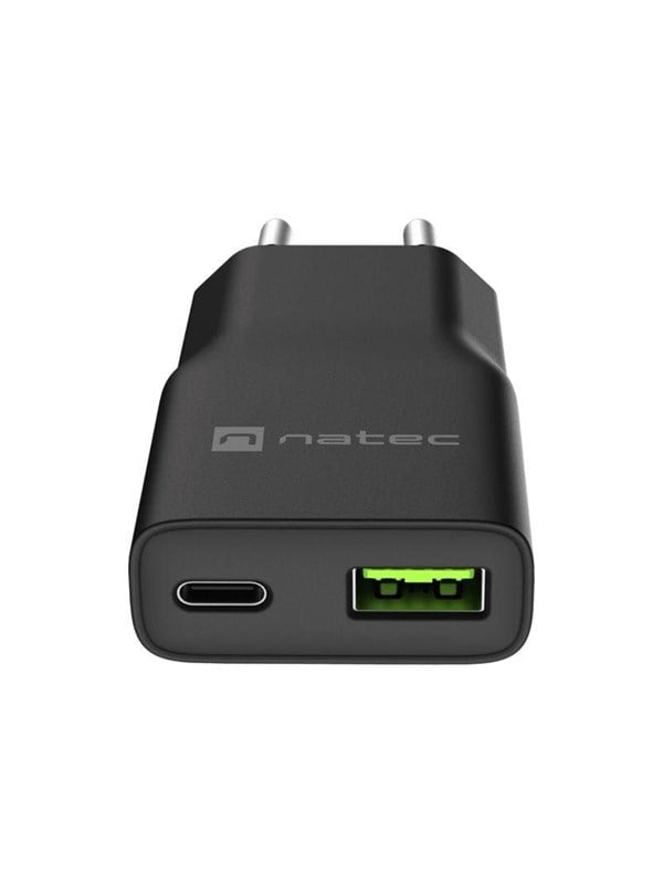 Natec Ribera GaN Slim vægoplader 20 W - 1× USB‑C + 1× USB‑A, sort
