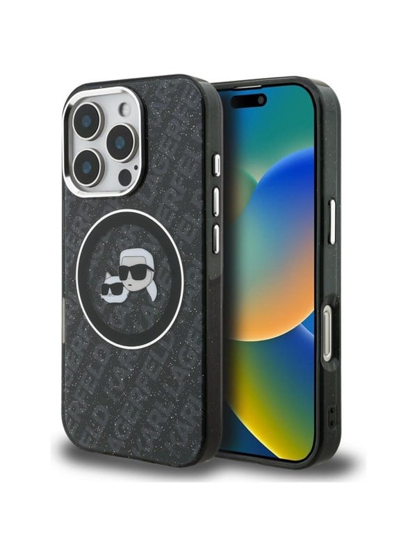 Karl Lagerfeld IML Glitter Karl & Choupette Heads Logo MagSafe Case for iPhone 16 Pro - Black