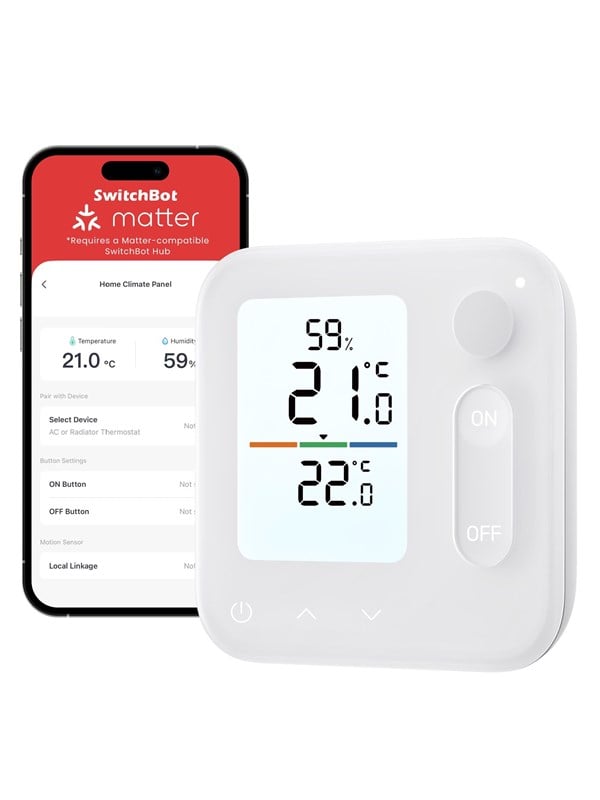 SwitchBot W7400000 Klimapanel - 4-i-1 Termometer, Hygrometer, Bevægelsessensor og Varme Kontrol (Intuitiv)