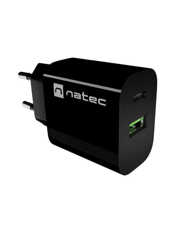 NATEC Ribera vægoplader 20 W - 1x USB-A + 1x USB-C, sort