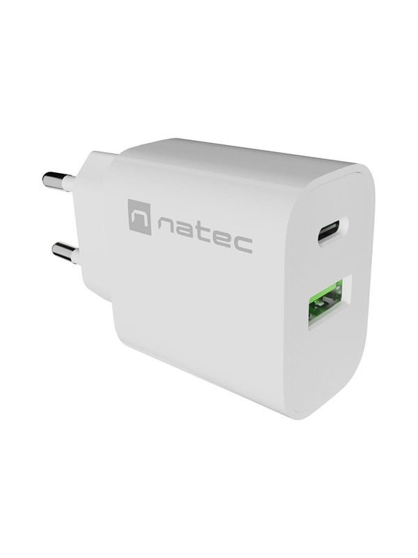 Natec Ribera vægoplader 20 W - 1x USB-A + 1x USB-C, hvid