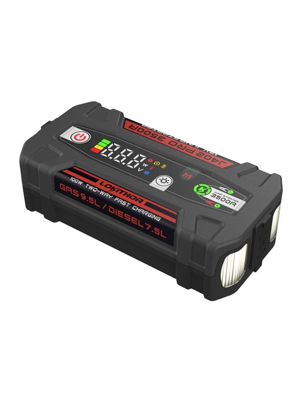 LOKITHOR LOKTIHOR J402 PRO er en kraftfuld startbooster med 3500A peak-strøm og 100W tovejs hurtigopladning.