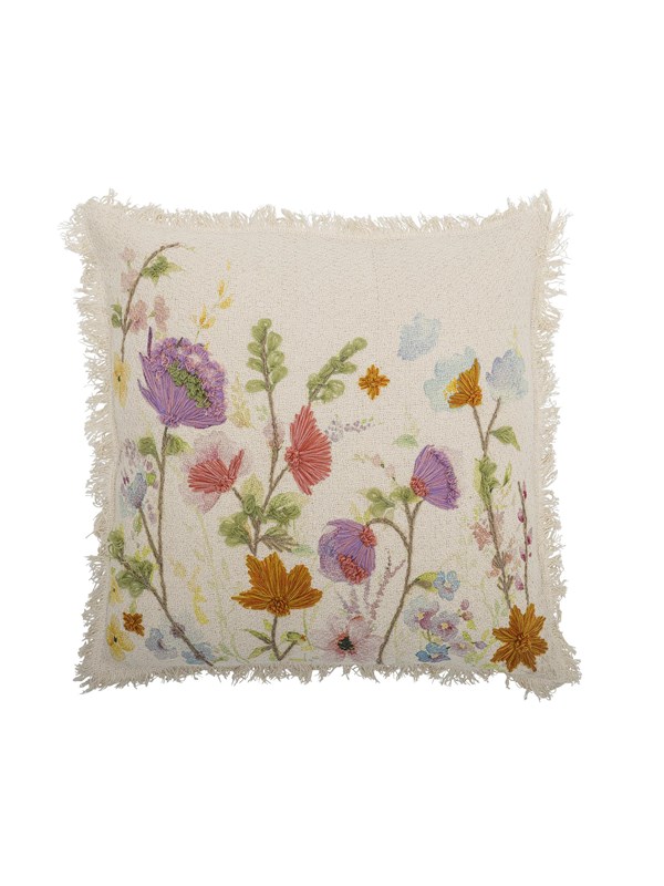 Pude "Pogni" natur m/ printet & broderet blomster - Bloomingville 50x50