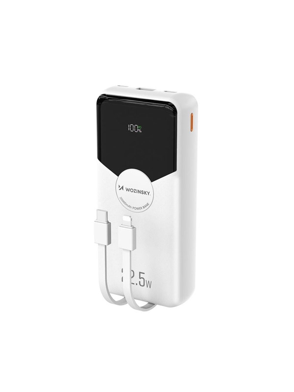 Wozinsky WFC-15W 20000mAh 22.5W PD20W Powerbank with Built-in Lightning and USB-C Cables - White - 20000 mAh
