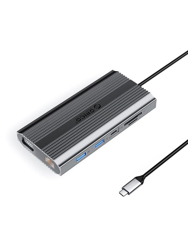 ORICO XDR 12in1 USB-C Docking Station USB-A USB-C HDMI 4K VGA RJ45 Gigabit PD 100W SD and microSD Card Reader - Gray USB hub - USB 3.1 - 12 ports - Grå