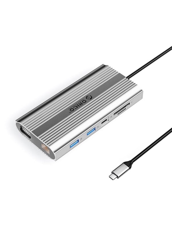 ORICO XDR 12in1 USB-C Docking Station USB-A USB-C HDMI 4K VGA RJ45 Gigabit PD 100W SD and microSD Card Reader - Silver USB hub - USB 3.1 - 12 ports - Grå