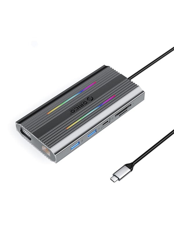 ORICO XCR 12in1 RGB USB-C Docking Station 3x USB-A USB-C PD 100W HDMI 4K VGA RJ45 Gigabit SD and microSD Card Reader - Gray USB hub - USB 3.1 - 12 ports - Grå