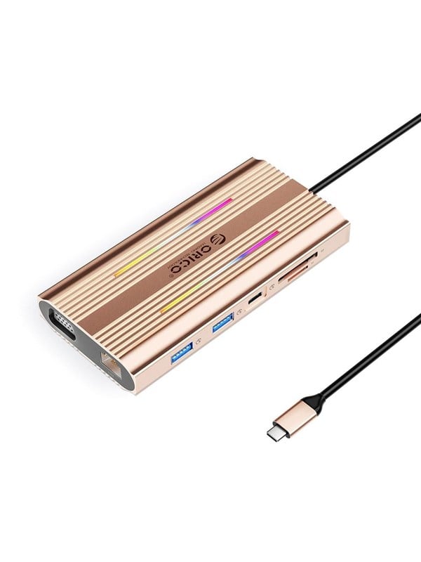 ORICO XDR 12in1 RGB USB-C Docking Station 3x USB-A USB-C PD 100W HDMI 4K VGA RJ45 Gigabit SD and microSD Card Reader - Rose Gold USB hub - USB 3.1 - 12 ports