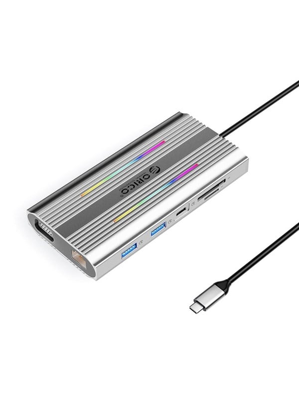 ORICO XCR 12in1 RGB USB-C Docking Station 3x USB-A USB-C PD 100W HDMI 4K VGA RJ45 Gigabit SD and microSD Card Reader - Silver USB hub - USB 3.1 - 12 ports - Grå