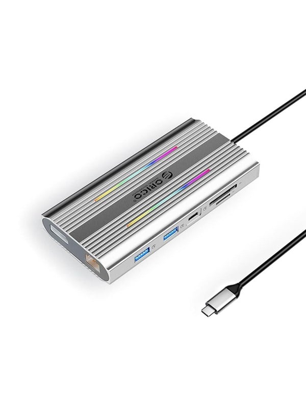 ORICO XDR 12in1 RGB USB-C Docking Station USB-A USB-C 2x HDMI 4K 60 Hz DisplayPort 4K 60 Hz RJ45 Gigabit PD 100W SD and microSD Card Reader - Silver USB hub - USB 3.1 - 12 ports - Grå