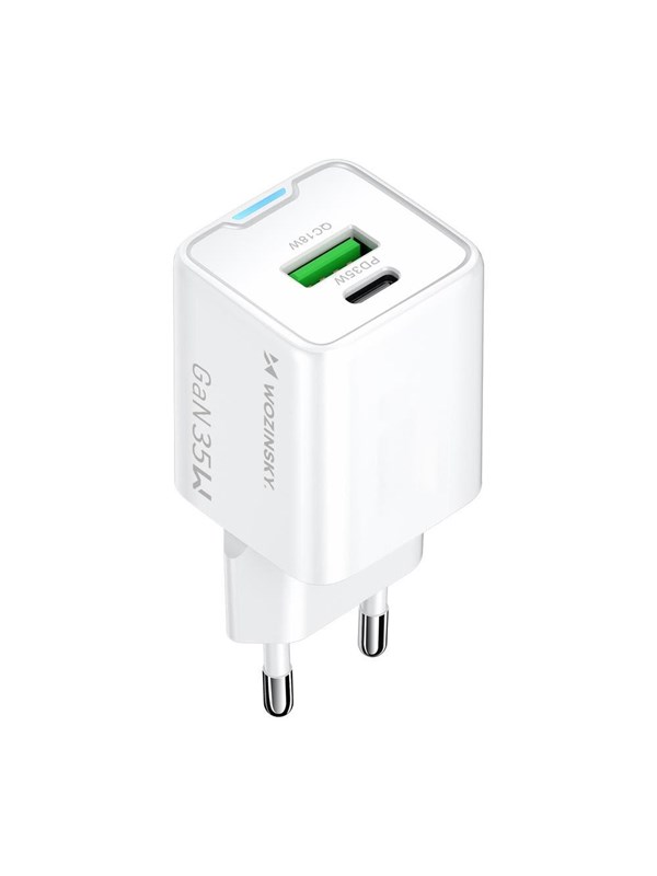 Wozinsky WWC-35W GaN USB-A + USB-C vægoplader - Hvid
