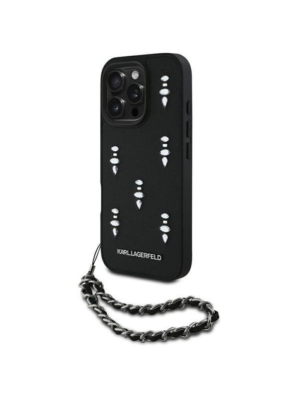 Karl Lagerfeld Saffiano Crystals w/Chain iPhone 16 Pro Max Case - Black