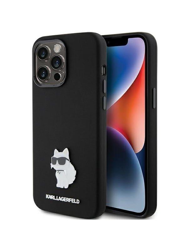 Karl Lagerfeld Silicone Choupette Metal Pin case for iPhone 15 Pro Max - black