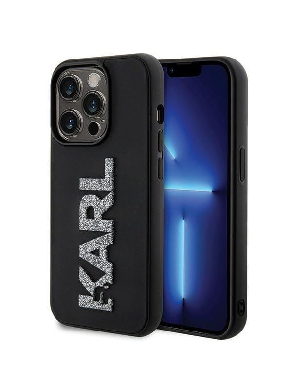 Karl Lagerfeld 3D Rubber Glitter Logo iPhone 15 Pro Case - Black