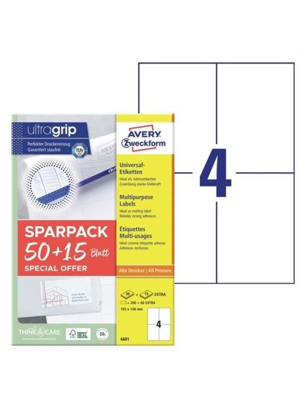 Universaletiketter Avery 105x148 mm, hvid med Ultragrip +30% ekstra indhold - (65 ark x 4 stk.)