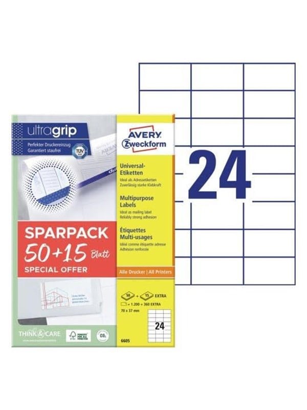 Universaletiketter Avery 70x37 mm, hvid med Ultragrip + 30% ekstra indhold - (65 ark x 24 stk.)