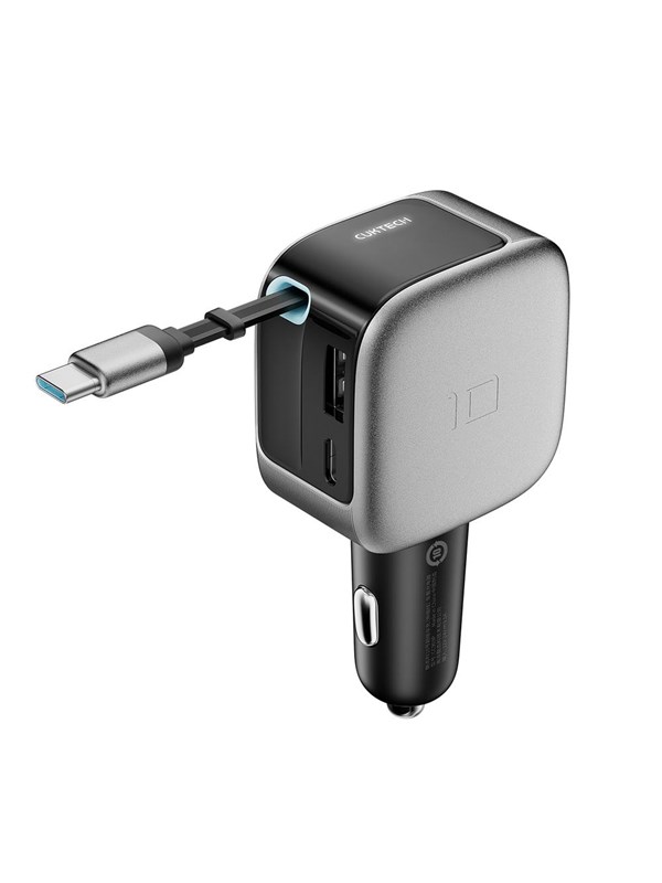 CUKTECH CC903P 100W Car Charger with Display and 70cm Retractable USB-C Cable - Grey