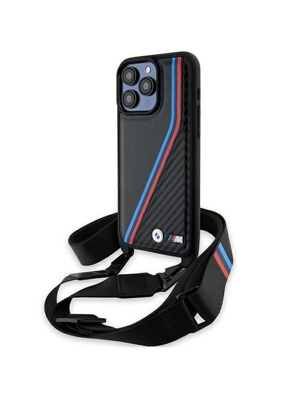 BMW BMHCP15L23PSVTK iPhone 15 Pro 6.1" black/black hardcase M Edition Carbon Tricolor Lines & Strap