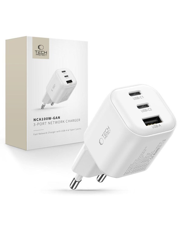 Tech-Protect NCA100W-GaN 3-Port PD 3.2 100W / QC3.0 Wall Charger - White