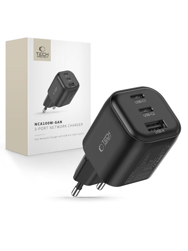 Tech-Protect NCA100W-GaN PD 3.2 100W / QC3.0 wall charger - black