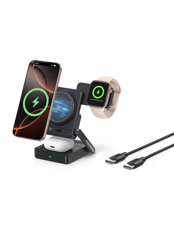 Baseus PicoGo AF21 3-in-1 Qi2.2 35W Wireless Charger with 1m USB-C Cable - Black