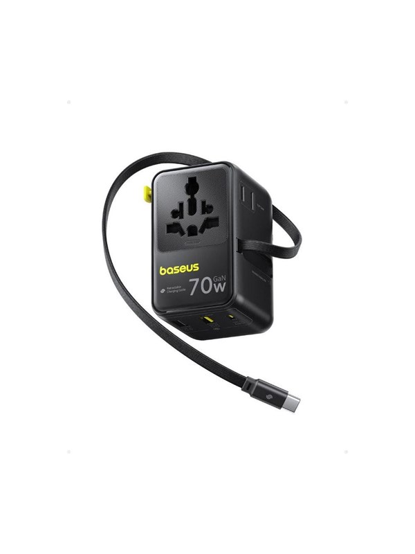 Baseus EnerCore CG11 70W 6-in-1 Travel Adapter with Retractable USB-C Cable - Black