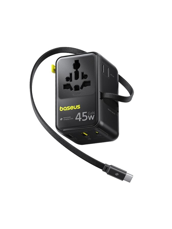 Baseus PicoGo AG11 45W 6-in-1 Travel Adapter with Retractable USB-C Cable - Black