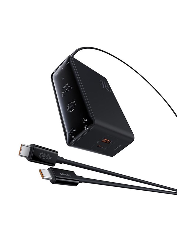 Ladowarka Baseus GaN z cyfrowym panelem, 3x USB-C + USB+ DC, 240W + kabel 1m (czarna)
