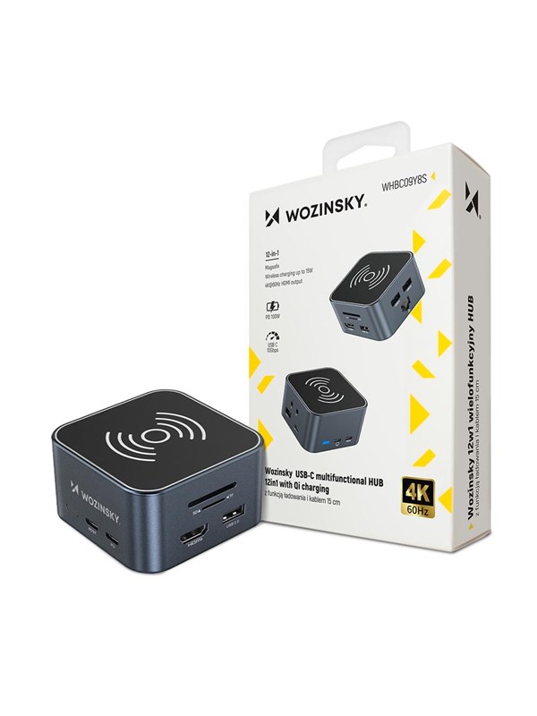 Wozinsky Hub USB-C 12 in 1 WHBC09Y8S multifunctional with wireless charging function aluminum with 15 cm cable - gray USB hub