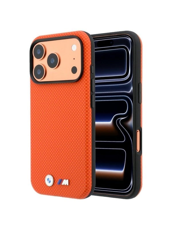 Etui BMW M Quadrille Kevlar Metal Logo MagSafe do iPhone 18 Pro / 17 Pro pomaranczowy