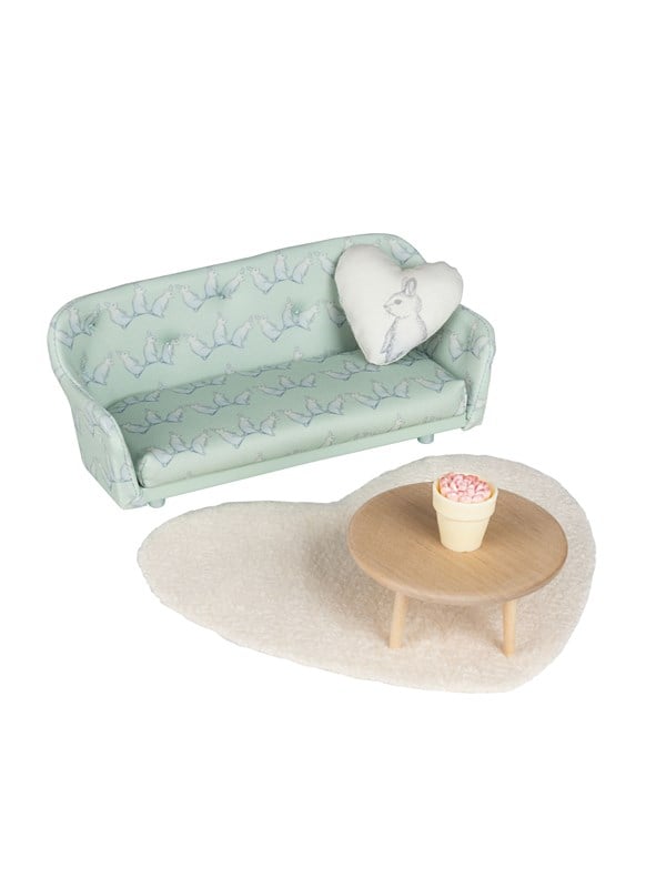 Micki Lundby stuesæt med mintgrøn sofa, bord, hjerteformet pude, tæppe og urtepotte (Alder 3+).