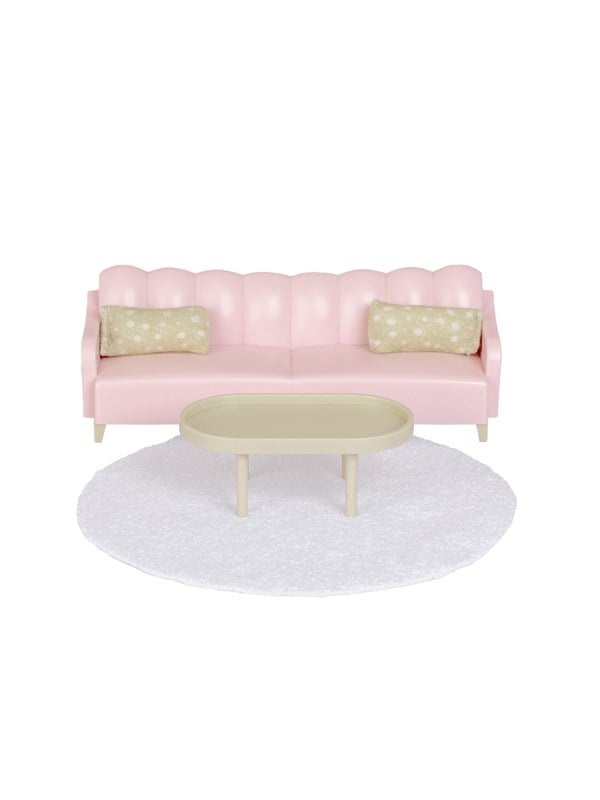 Micki Lundby stuesæt med pink sofa, bord, tæppe og puder.