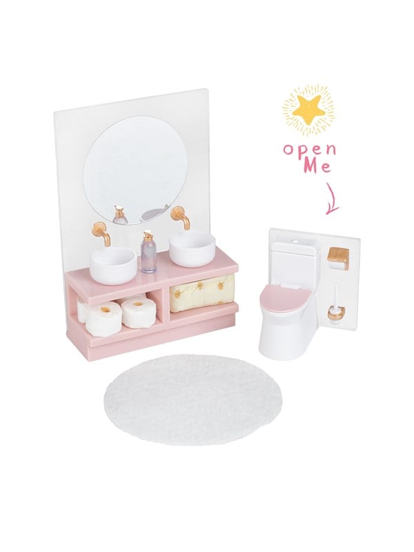 Micki Lundby toiletsæt med toiletbørste, toiletpapir, kurv, håndvask & spejl. Toiletsædet kan åbnes. Fra 3 år