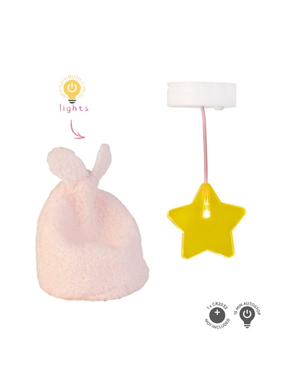 Micki Lundby gul stjerne loftlampe med lys og pink puf. Bruger 2x CR2032 batterier (medfølger ikke); 15-minutters automatisk slukning.