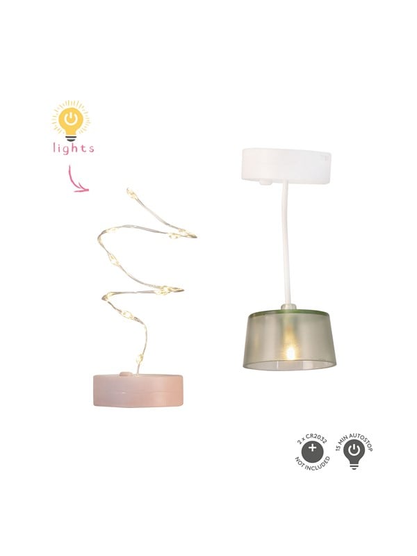Micki Lundby loftlampe og lyskæde med lys. Bruger 2x CR2032 batterier (medfølger ikke). 15-minutters automatisk slukning.