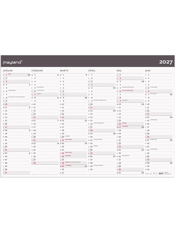 Kæmpekalender 2027 moderne 2x6 mdr Mayland 100 x 70 cm