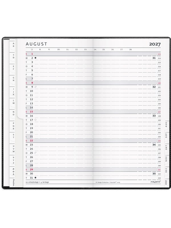 Månedskalender, Mayland Index, 95x173mm år: 2027, sort