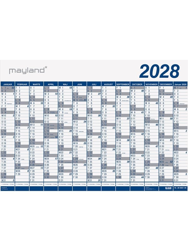 Kæmpekalender 2028 plast i rør 13 mdr Mayland 100 x 70 cm