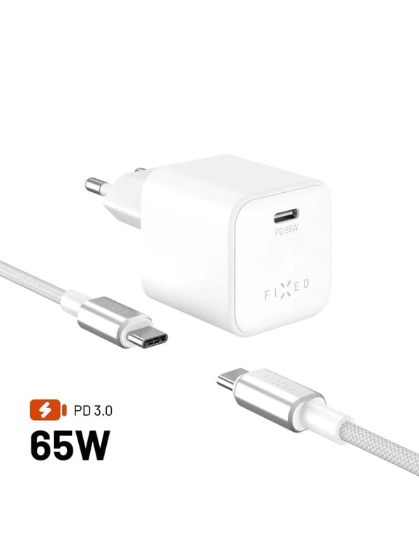 Ladowarka Fixed Set sítové GaN nabíjecky FIXED Mini s USB-C výstupem a USB-C/USB-C kabelu, podpora PD, 2 metry, 65W, bílý