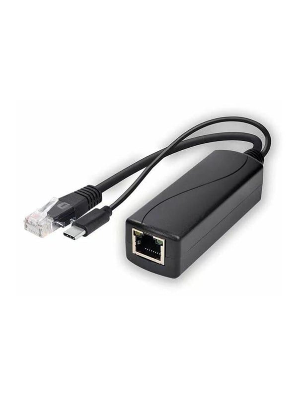 1000 Mbit PoE splitter, USB-C strømindgang, RJ45 dataudgang, USB-C strømudgang, sort