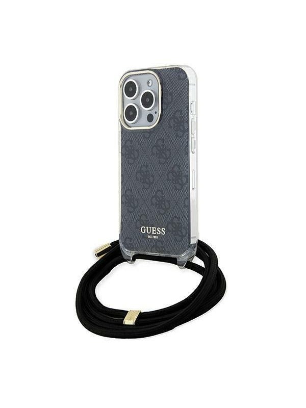 Guess GUHCP15LHC4SEK Apple iPhone 15 Pro 6.1″ juodos spalvos kietas dėklas Crossbody Cord 4G Print