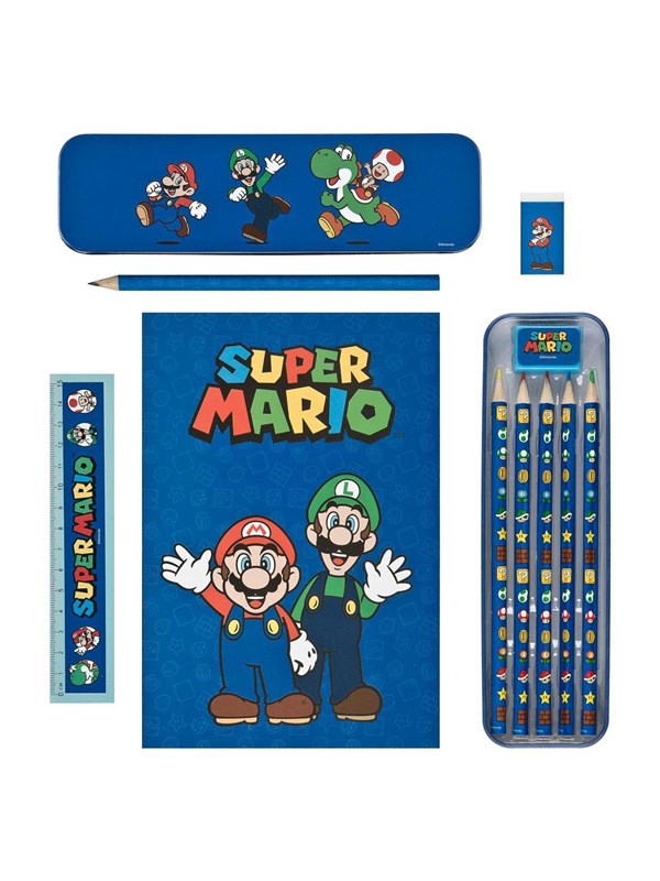 Super Mario Skrivesæt med Blyant, Farveblyanter, Lineal og Viskelæder - 11 Dele