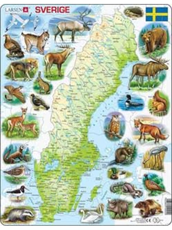 Larsen Puzzles Physical puzzle of Sweden with animals - 71 pieces Maxi (36.5 x 28.5 cm) 2D Puslespil