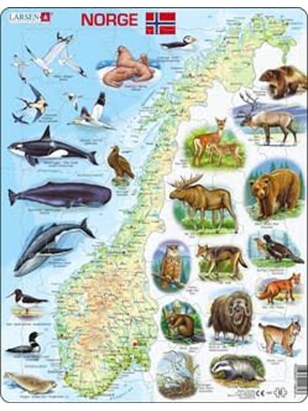 Larsen Puzzles Physical map puzzle of Norway with animals - 62 pieces Maxi (36.5 x 28.5 cm) 2D Puslespil